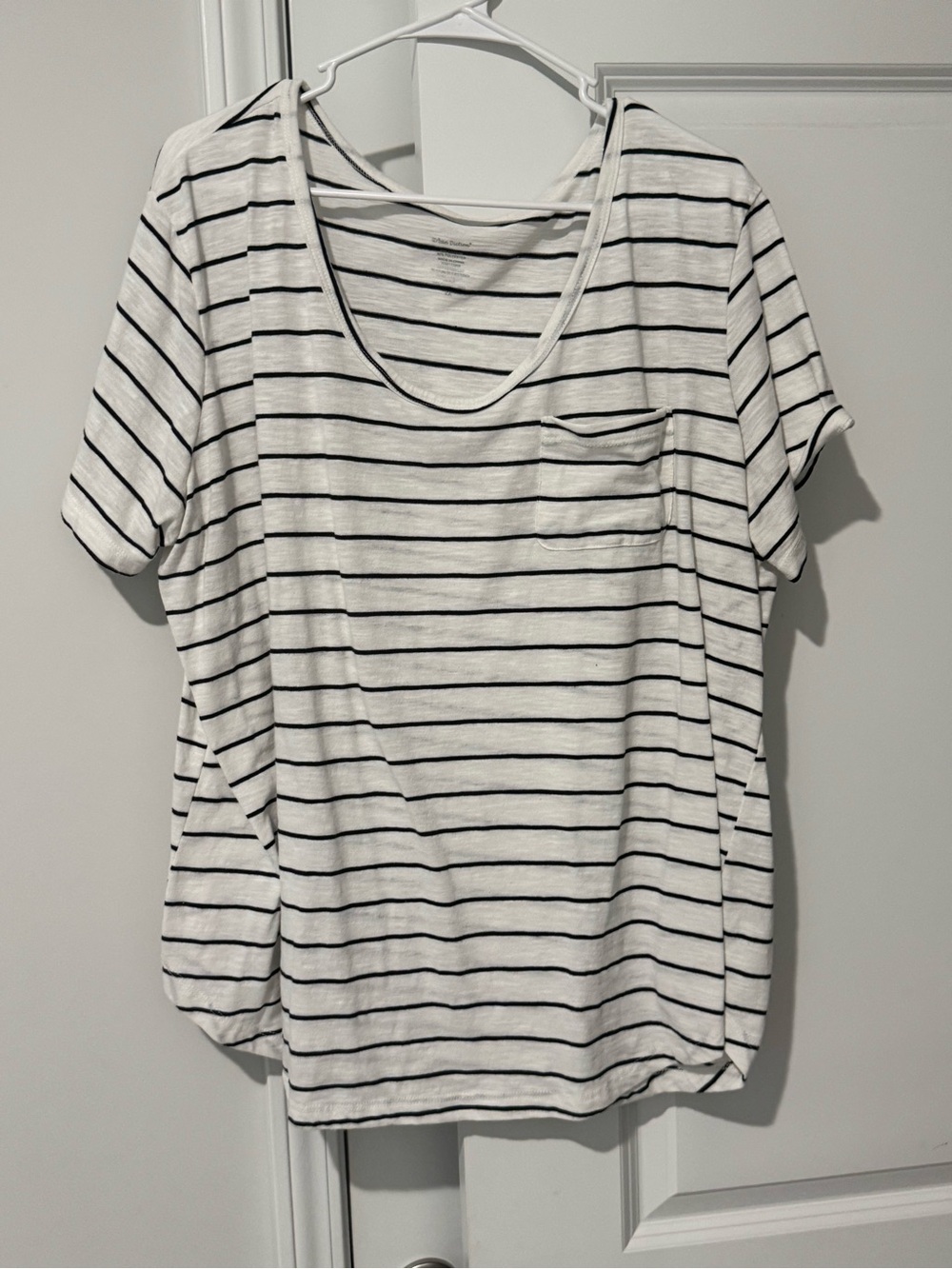 Women's White and Black Striped Short Sleeve Pocket Tee